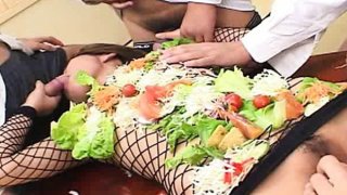 Japanese AV model turned into an edible table for horny guys